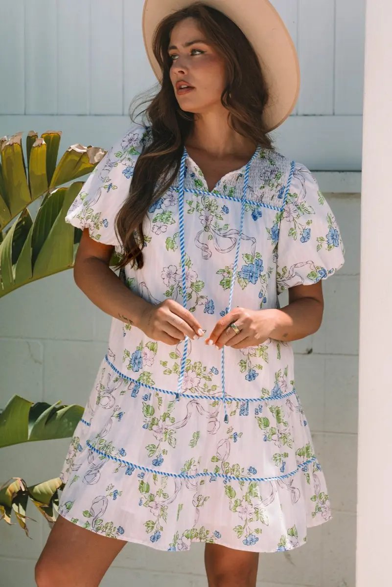 Pink Floral Striped Print Contrast Trim Tie Split Neck Mini Dress - Love Salve